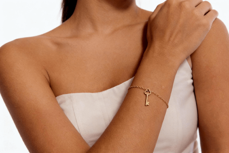 An AI-generated wrist and hand model in a classic pose, naturally showcasing a real bracelet product.