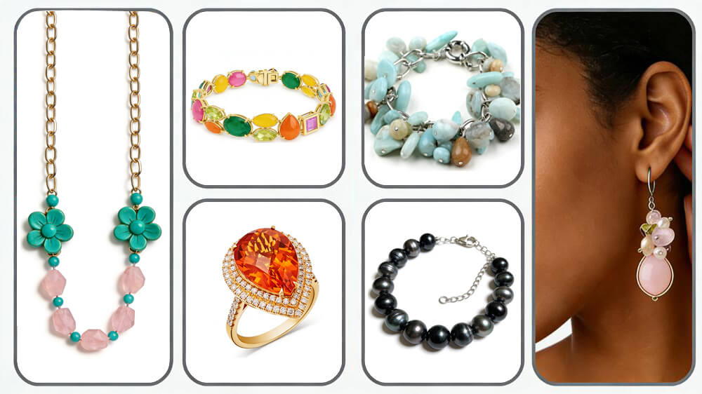 Six jewelry product photos demonstrating best practices: plain background, good lighting, no reflections, and high resolution for AI processing.