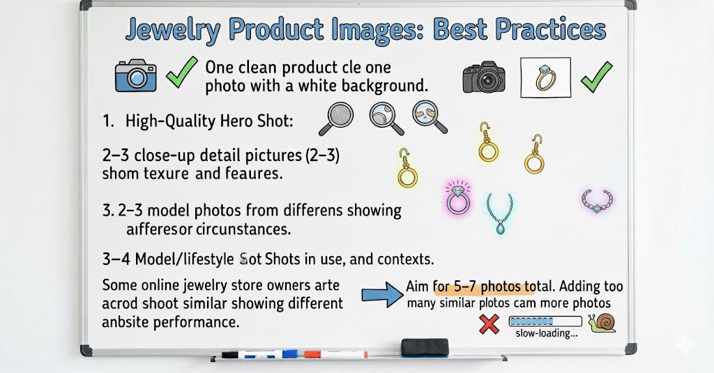 An infographic showing the essential types and recommended quantity (5-7) of photos needed for a strong product listing: main, detail, and model shots.