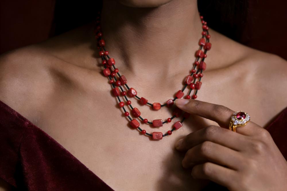 A strategic model photo example: a woman wearing a necklace to help visitors visualize the product positively.